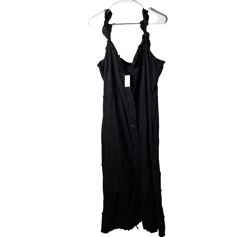 Gap Maxi Dress Women's XXL Black Ruffle Eyelet Button Up Tiered Sleeveless
